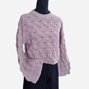Cable‑and‑leaf Cropped 100% Cotton Dusty Pink Wide Sleeve Knit Sweater
